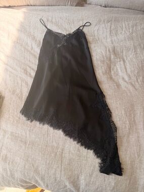 Zara Black Lace-Trim Satin Slip Chemise with Asymmetric Hem